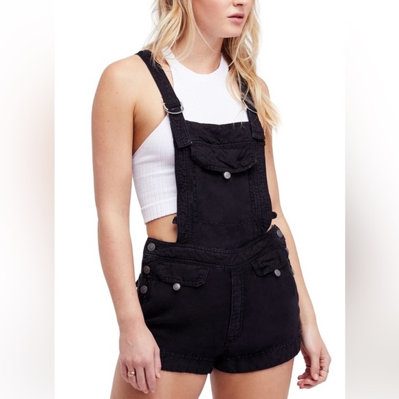 Free People Black Linen Short Overalls - Picture 1 of 9